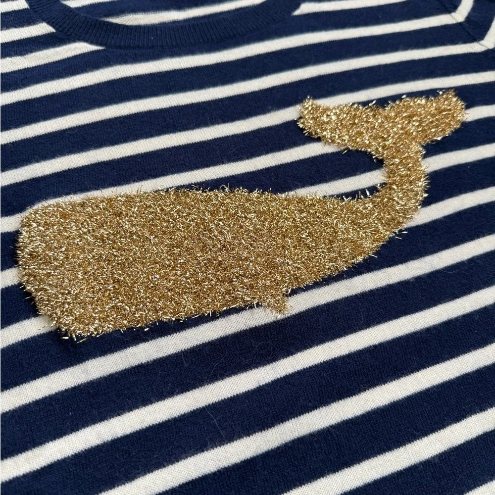 Talbots EUC Striped Metallic Whale Knit Pullover Sweater Navy White Gold M - Picture 3 of 12